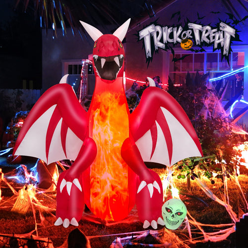 8 Feet Halloween Inflatables Blow-Up Red Dragon with Wings Skull