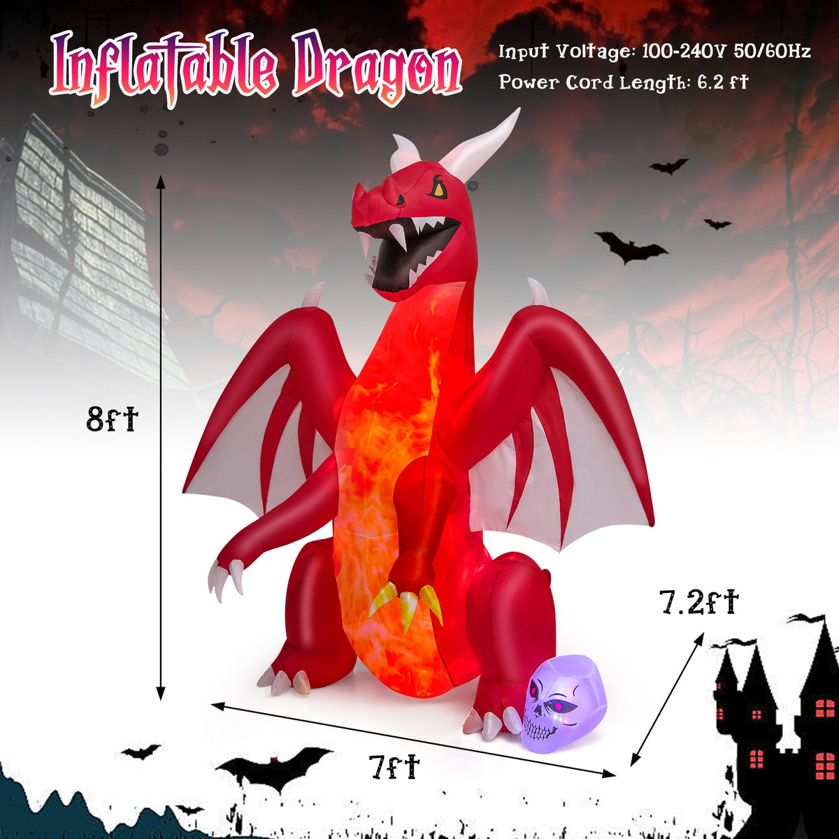 8 Feet Halloween Inflatables Blow-Up Red Dragon with Wings Skull
