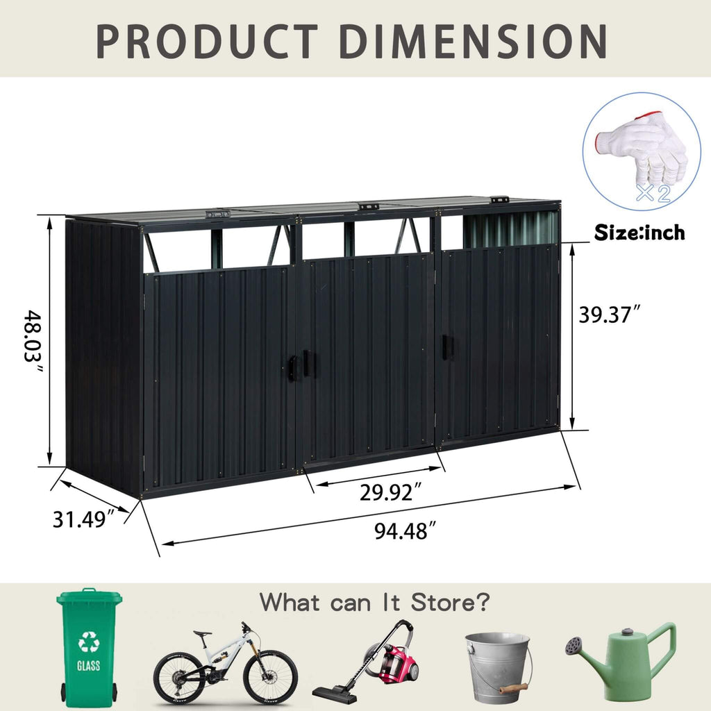 94-Inch Heavy-Duty Outdoor Galvanized Stainless Steel Garbage Bin Shed For 3 Trash Cans (SAK89882)