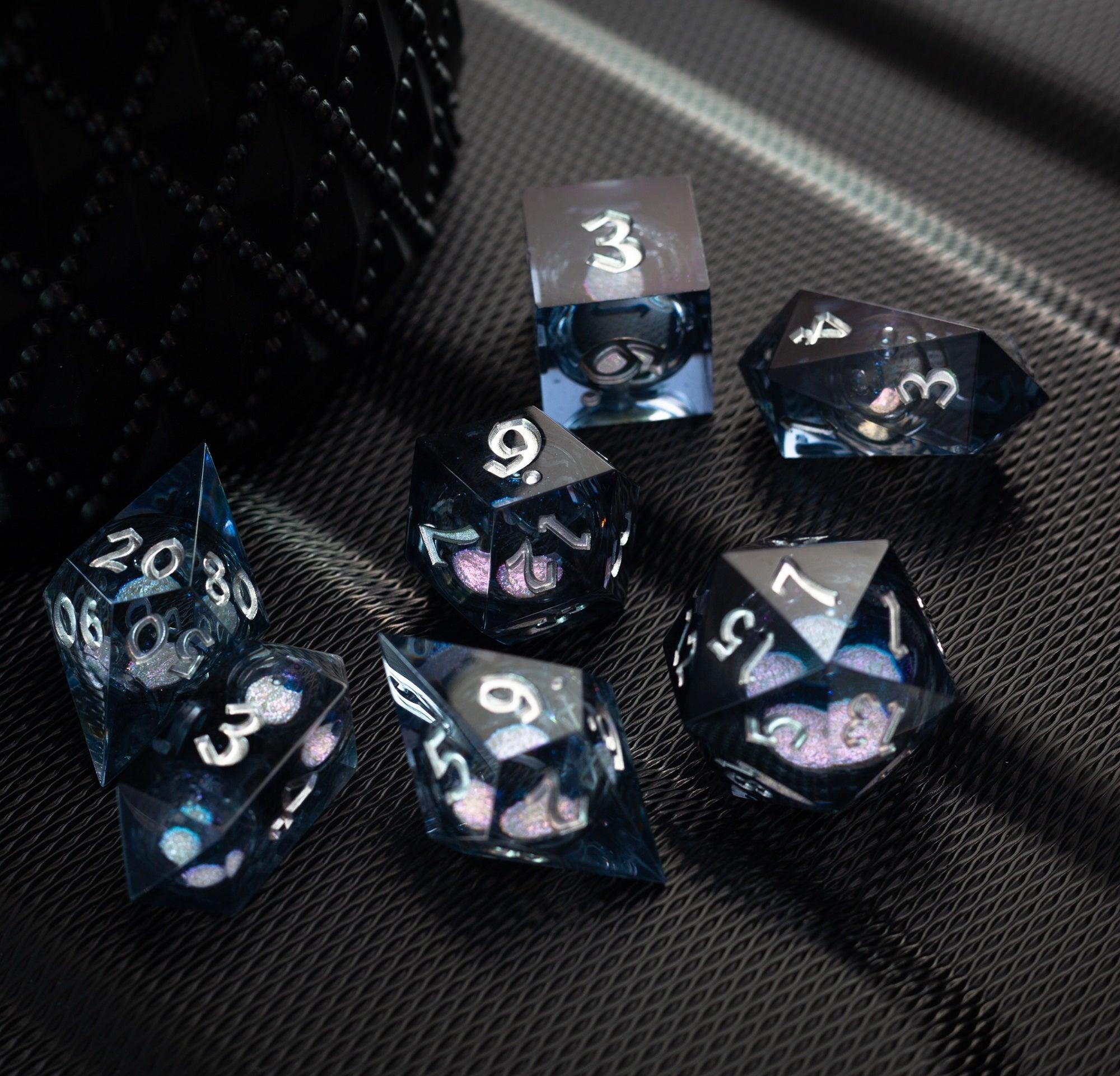 Black And Silver Glitter Liquid Core Handmade Resin DND Dice Set - The misfit market