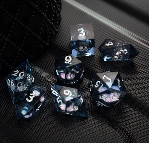 Black And Silver Glitter Liquid Core Handmade Resin DND Dice Set - The misfit market