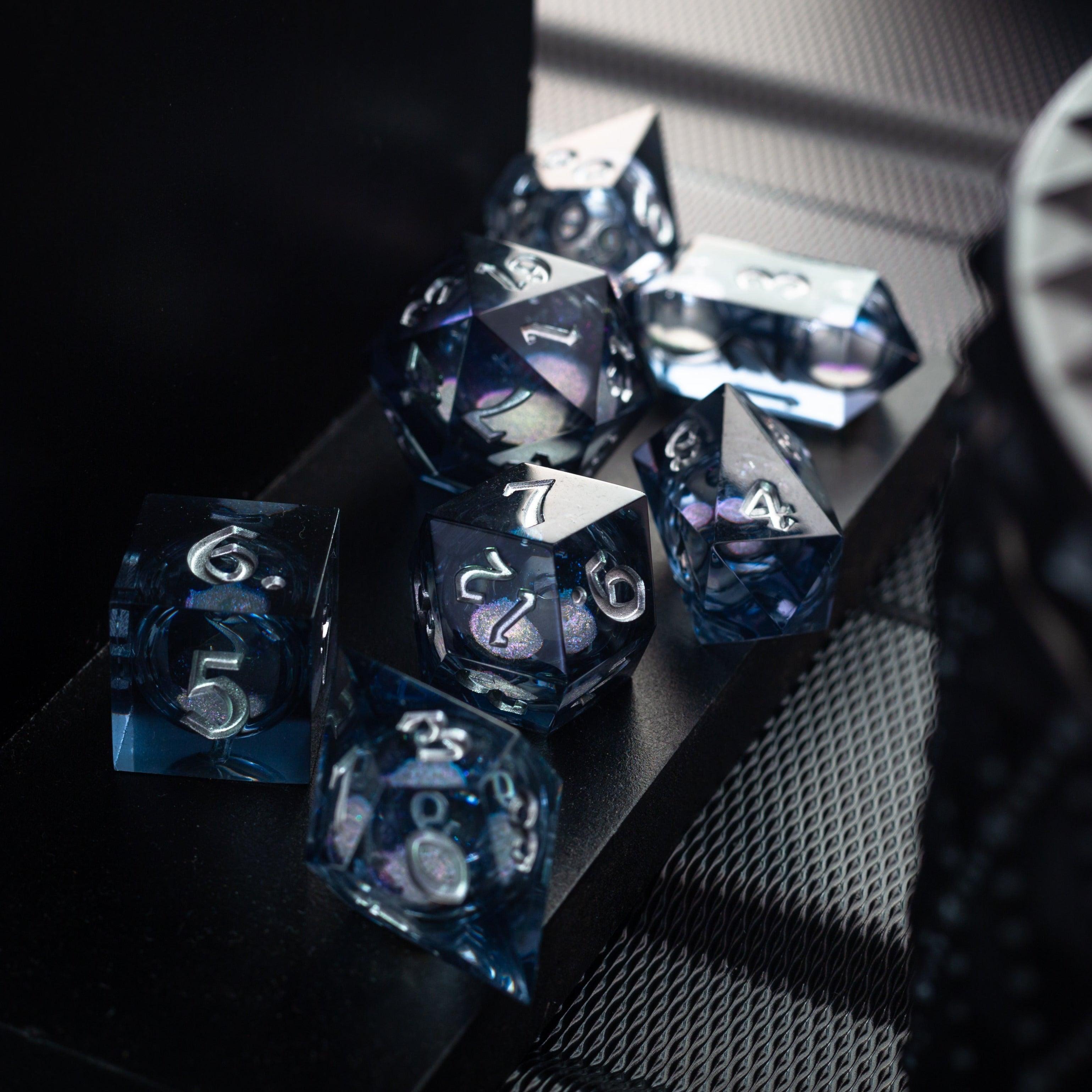 Black And Silver Glitter Liquid Core Handmade Resin DND Dice Set - The misfit market