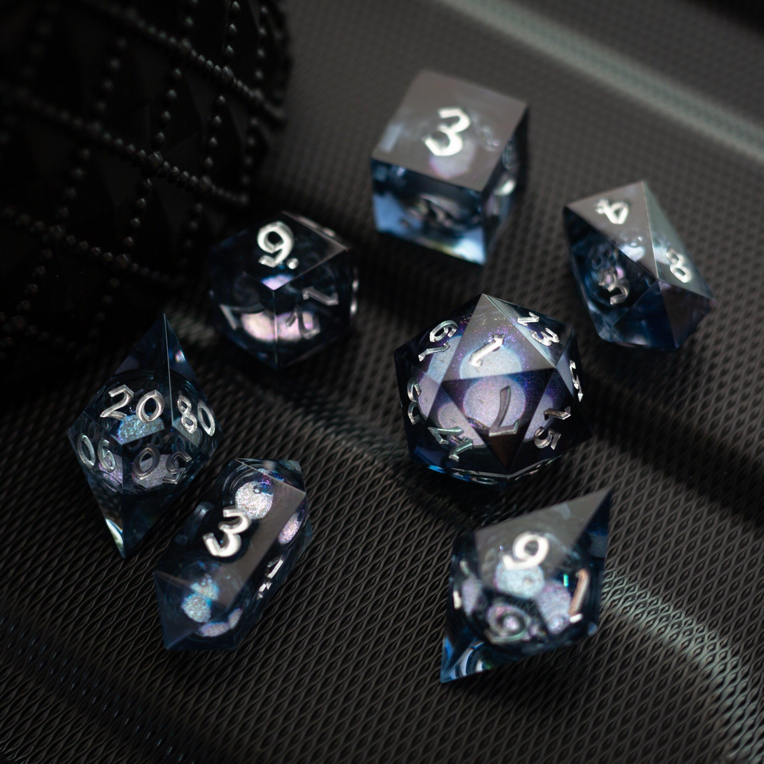 Black And Silver Glitter Liquid Core Handmade Resin DND Dice Set - The misfit market
