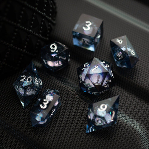 Black And Silver Glitter Liquid Core Handmade Resin DND Dice Set - The misfit market