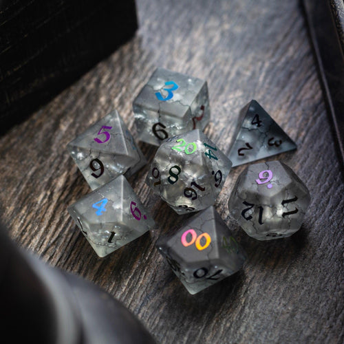 Black Inked Lightning Cracked Glass DND Dice Set - The misfit market