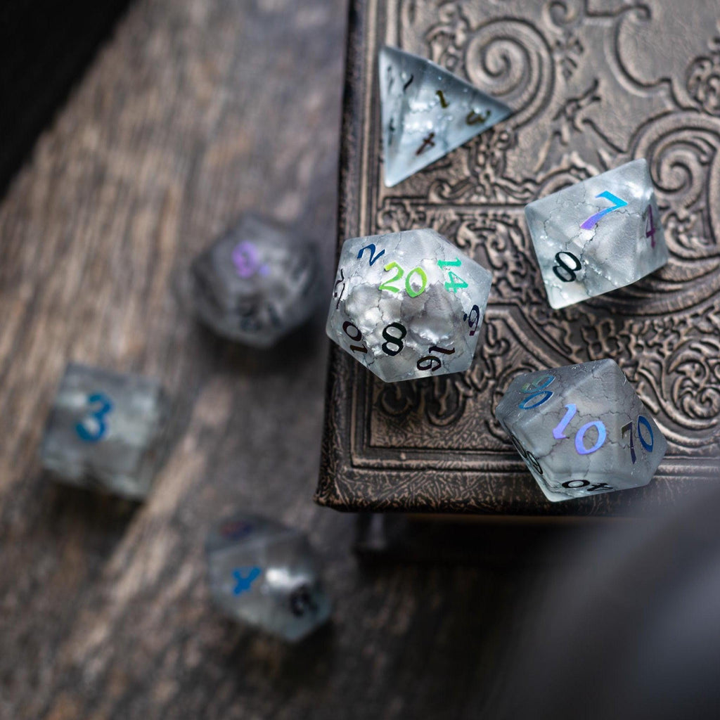 Black Inked Lightning Cracked Glass DND Dice Set - The misfit market
