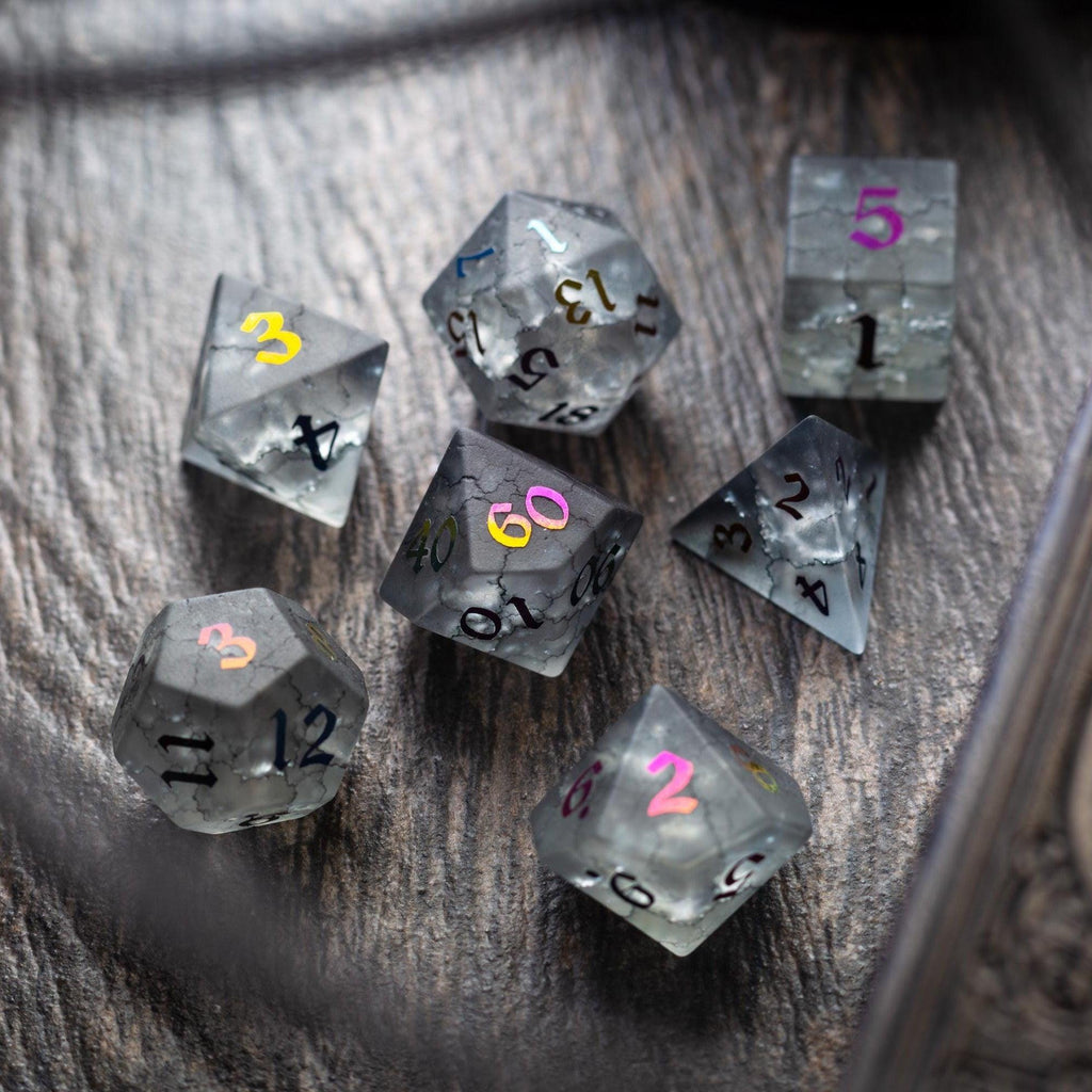 Black Inked Lightning Cracked Glass DND Dice Set - The misfit market