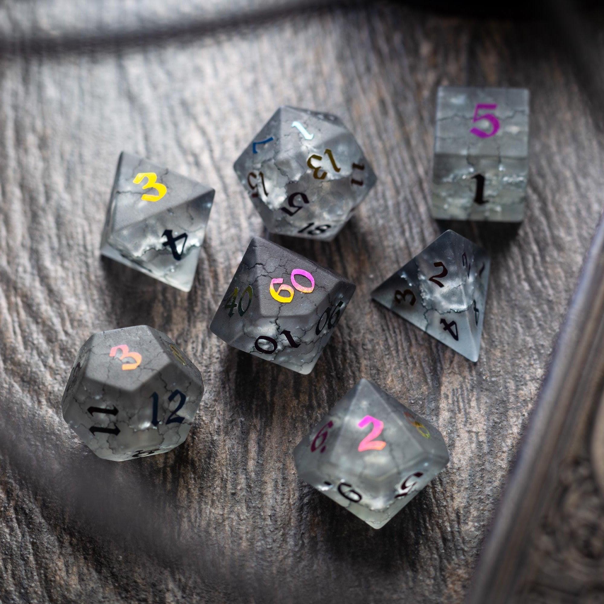 Black Inked Lightning Cracked Glass DND Dice Set - The misfit market