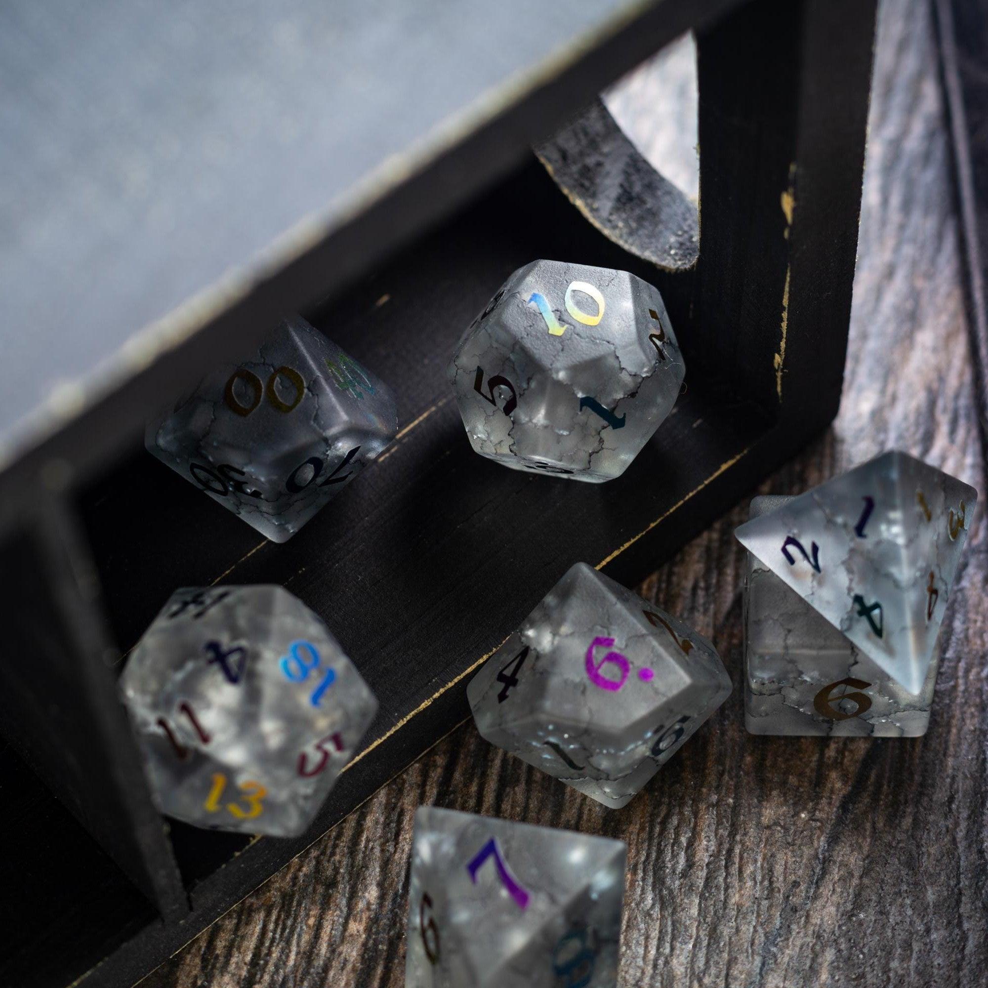 Black Inked Lightning Cracked Glass DND Dice Set - The misfit market