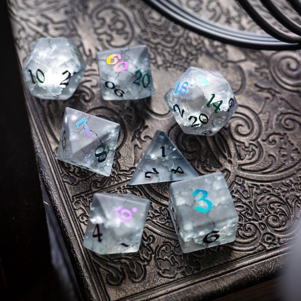 Black Inked Lightning Cracked Glass DND Dice Set - The misfit market