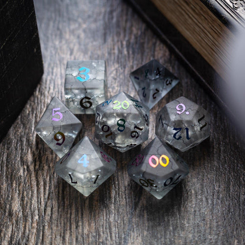 Black Inked Lightning Cracked Glass DND Dice Set - The misfit market