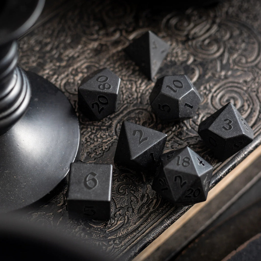 Gemstone Black Night Raised Obsidian Hand Carved DND Dice Set - The misfit market