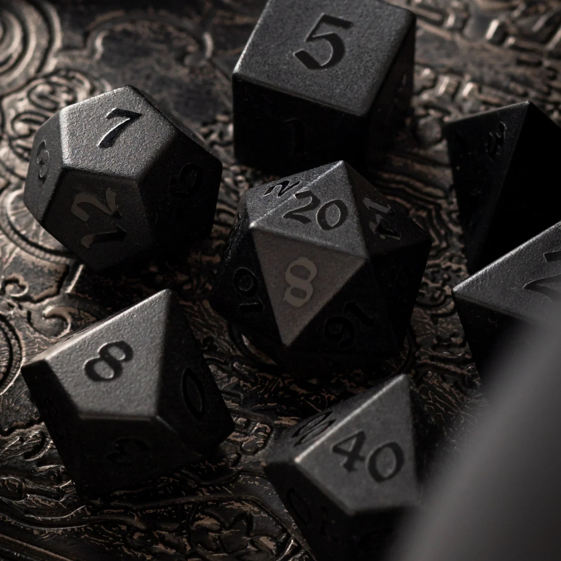 Gemstone Black Night Raised Obsidian Hand Carved DND Dice Set - The misfit market