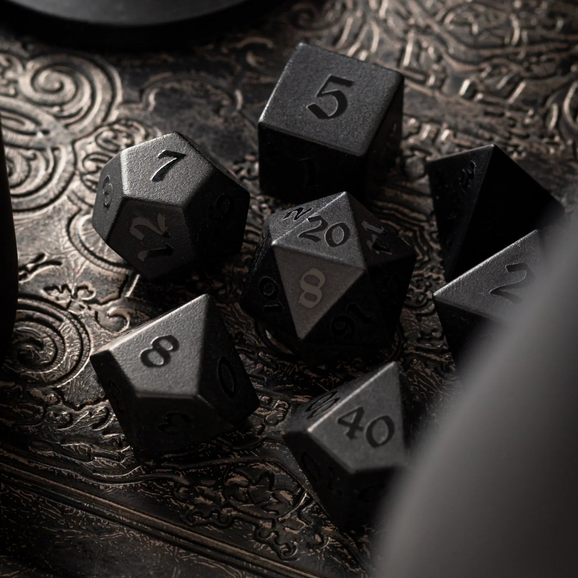Gemstone Black Night Raised Obsidian Hand Carved DND Dice Set - The misfit market