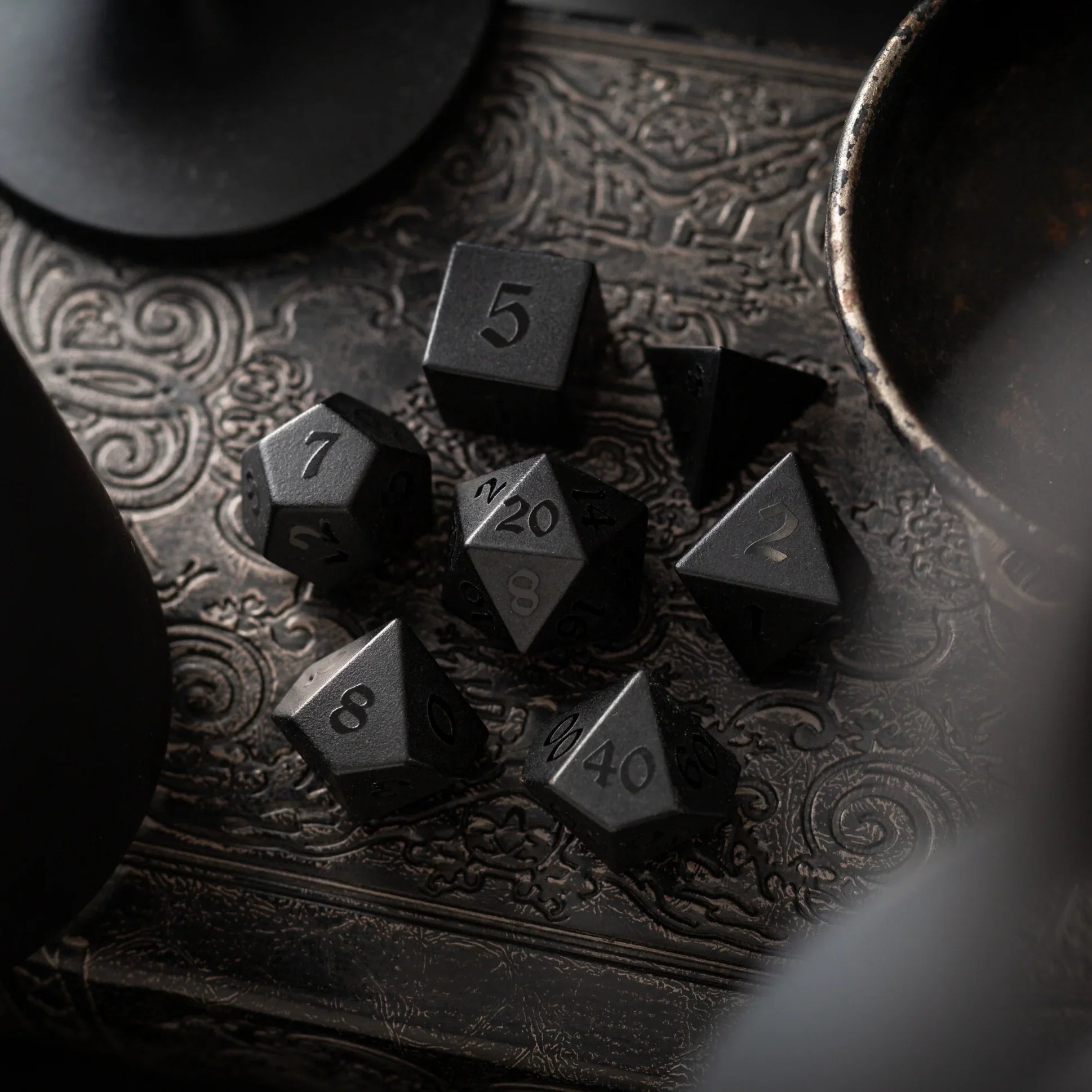 Gemstone Black Night Raised Obsidian Hand Carved DND Dice Set - The misfit market