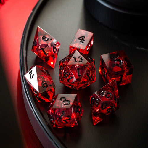Blood Red Glitter Liquid Core Handmade Resin DND Dice Set - The misfit market
