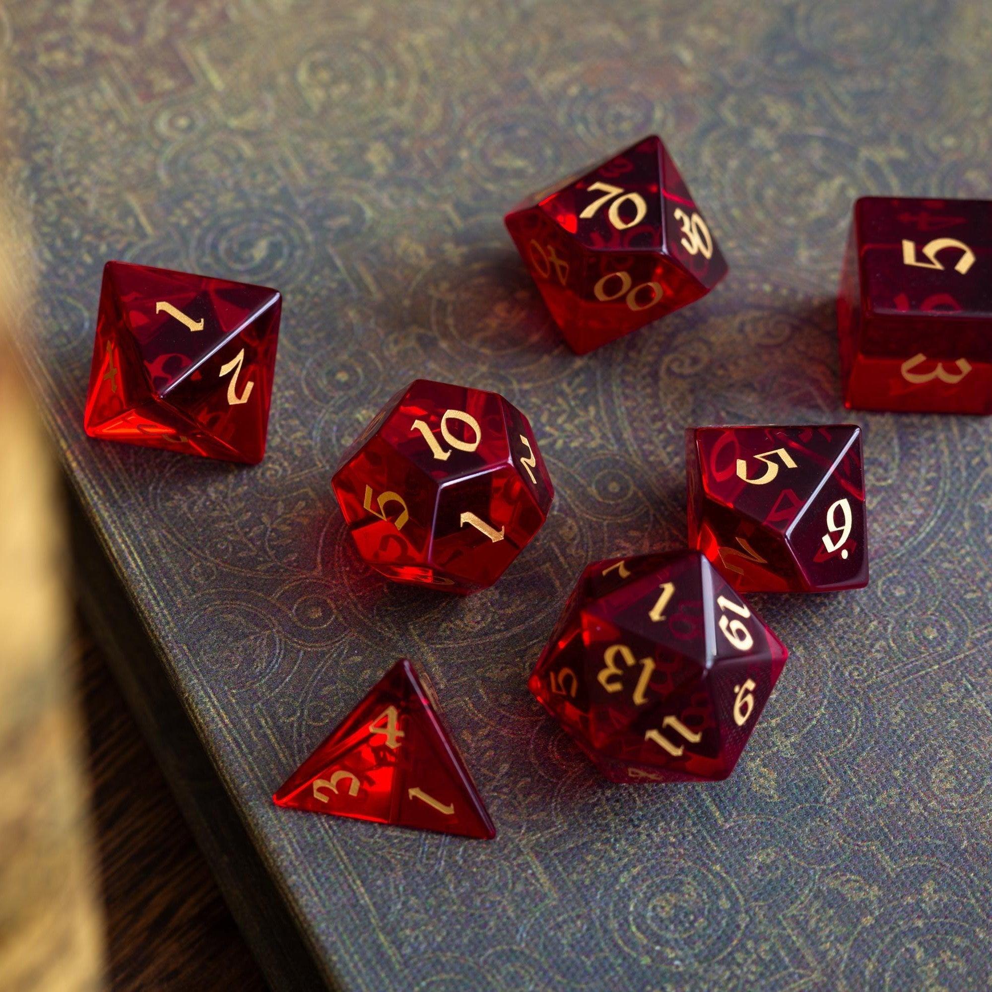 Blood Red Hand Carved Zircon Glass DND Dice Set - The misfit market