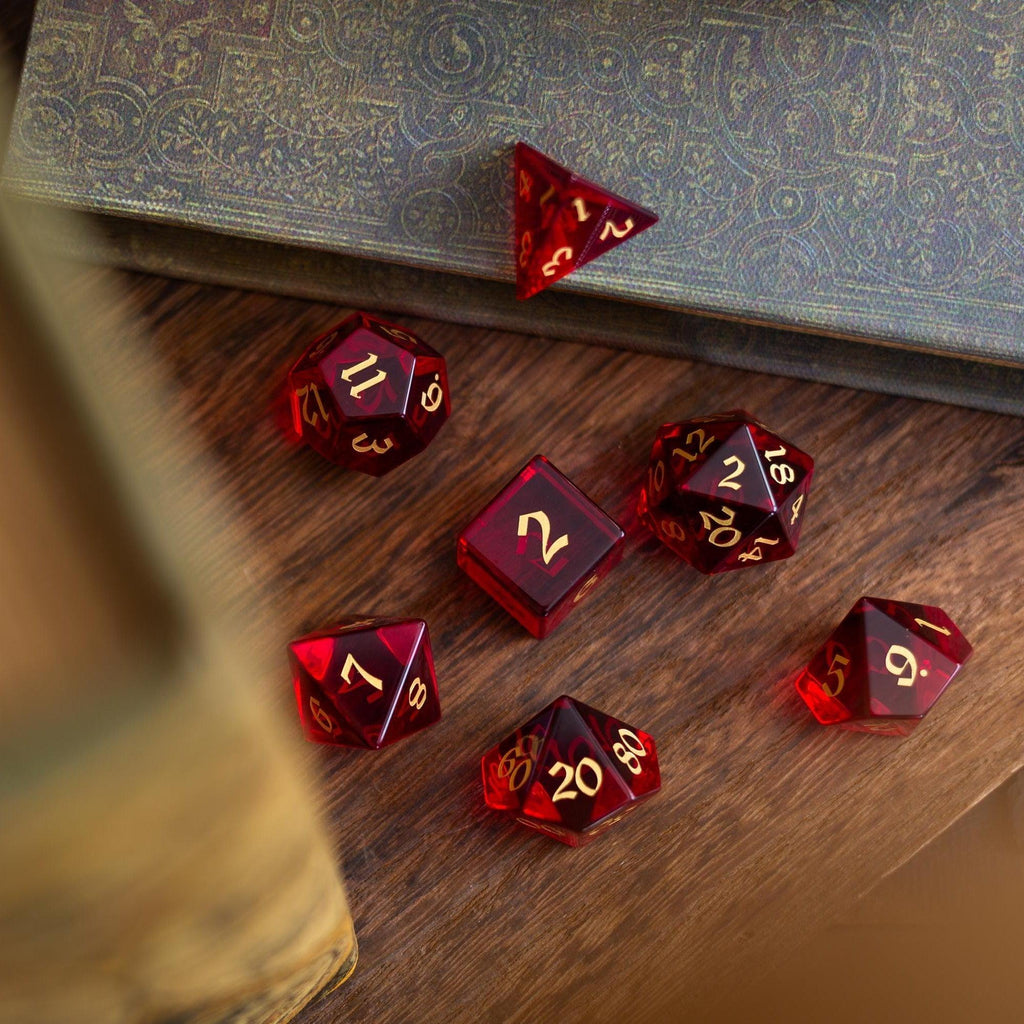 Blood Red Hand Carved Zircon Glass DND Dice Set - The misfit market