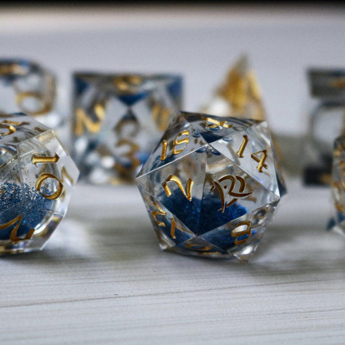 Blue Glitter Liquid Core Handmade Sharp Edge Resin DND Dice Set - The misfit market