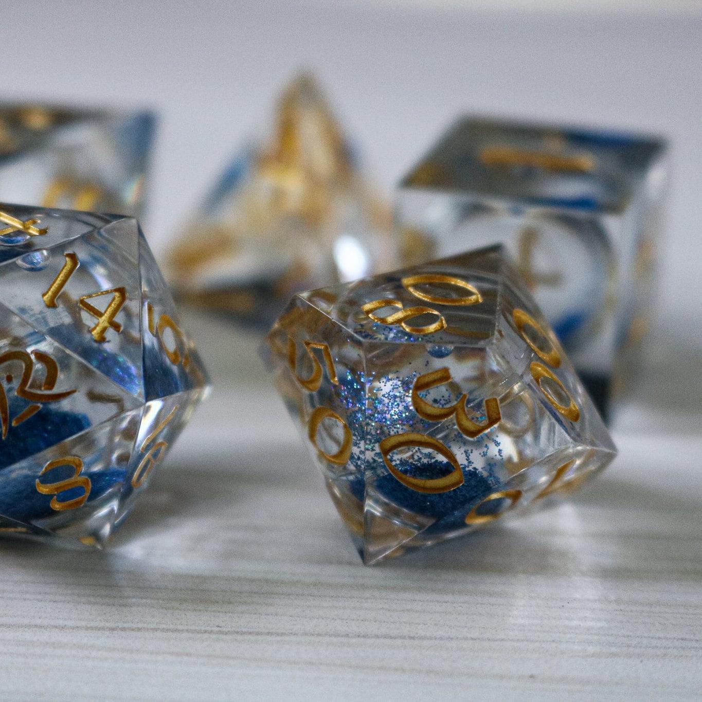 Blue Glitter Liquid Core Handmade Sharp Edge Resin DND Dice Set - The misfit market