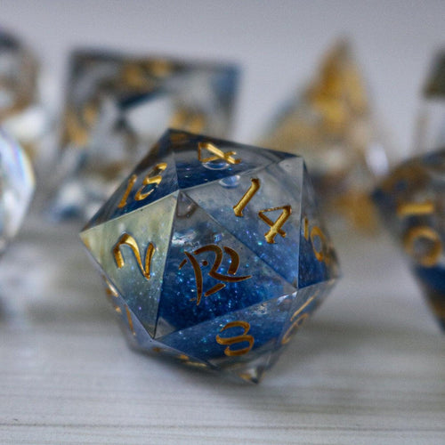 Blue Glitter Liquid Core Handmade Sharp Edge Resin DND Dice Set - The misfit market