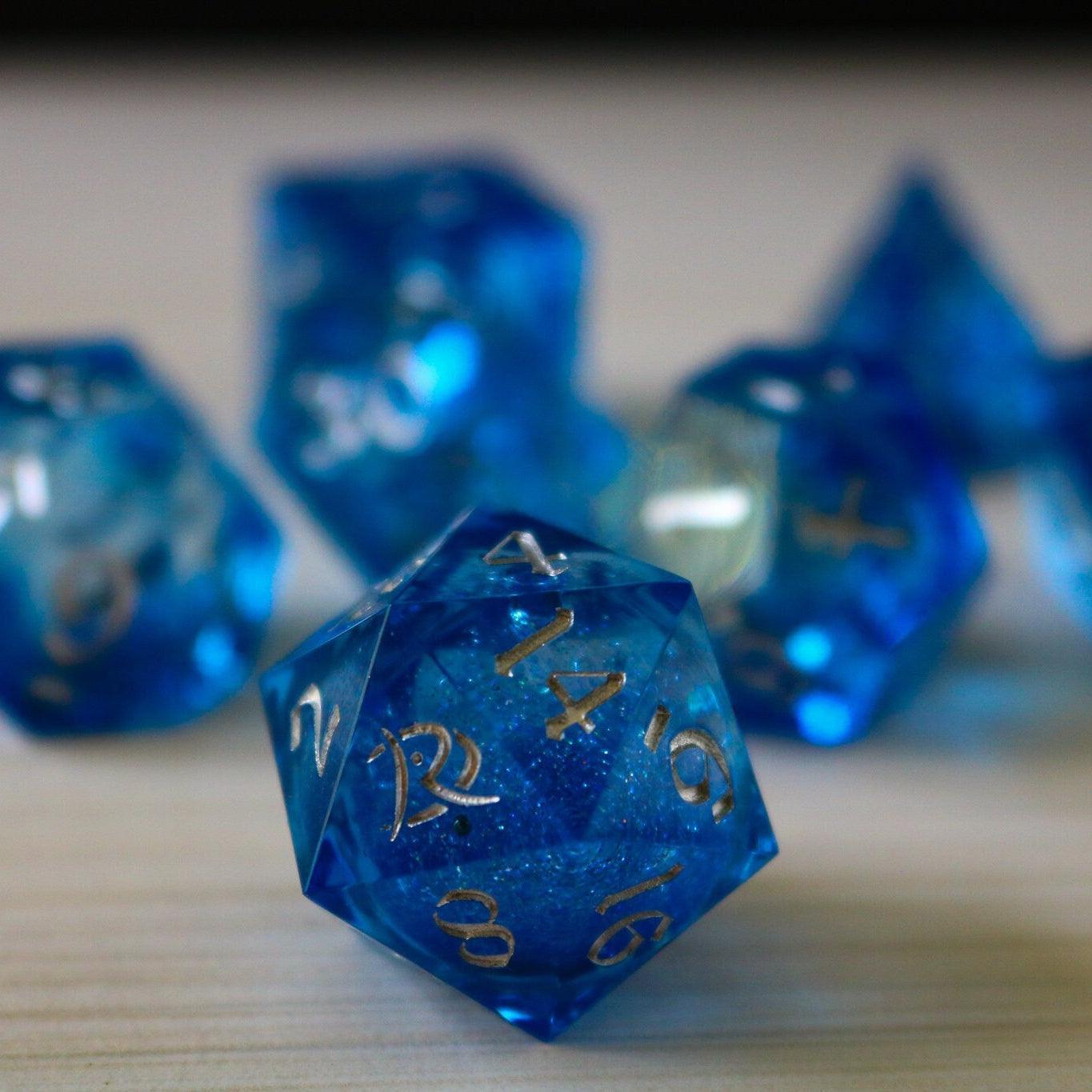 Blue Glitter Liquid Core Sharp Edge Handmade Resin DND Dice Set - The misfit market