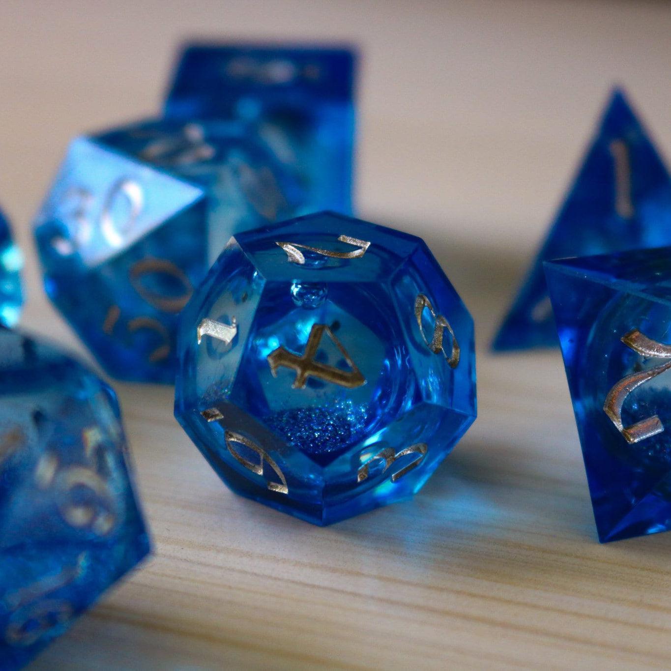 Blue Glitter Liquid Core Sharp Edge Handmade Resin DND Dice Set - The misfit market