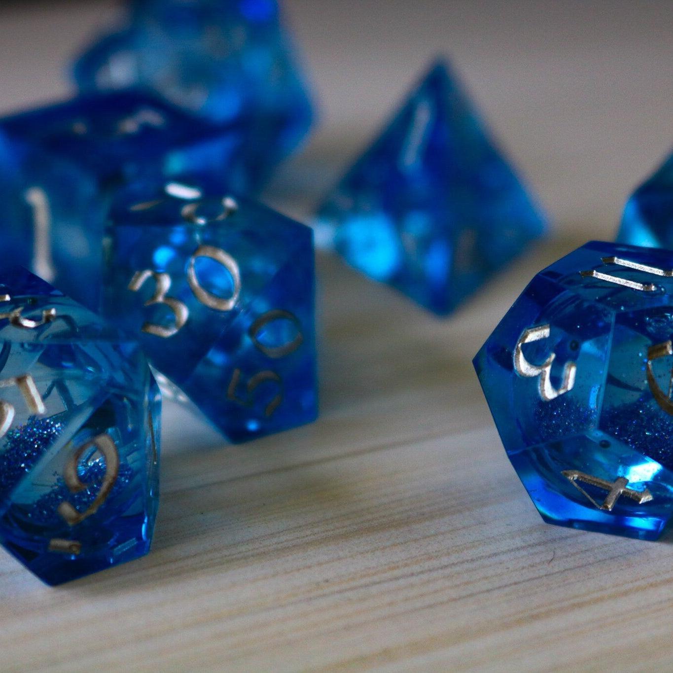 Blue Glitter Liquid Core Sharp Edge Handmade Resin DND Dice Set - The misfit market