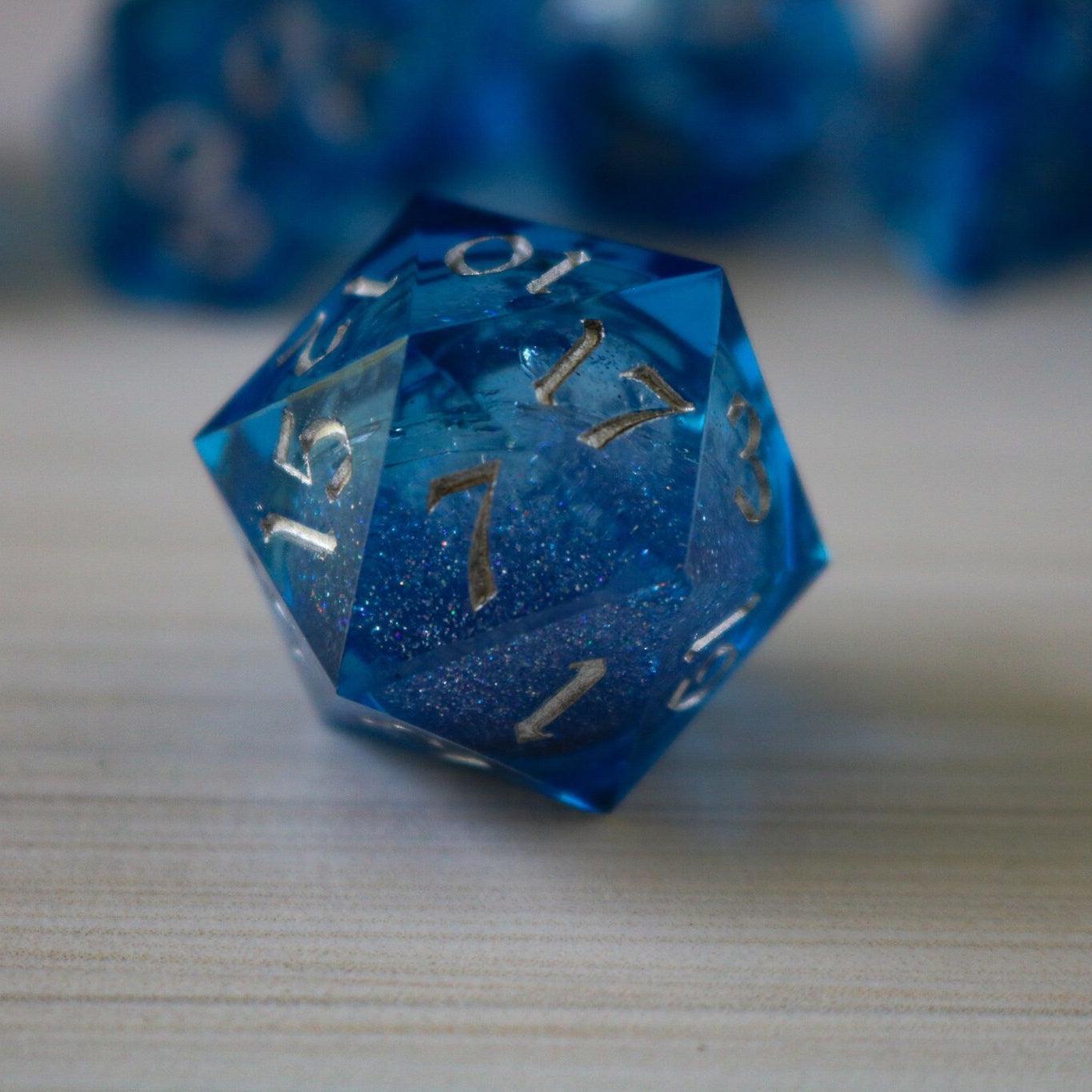 Blue Glitter Liquid Core Sharp Edge Handmade Resin DND Dice Set - The misfit market