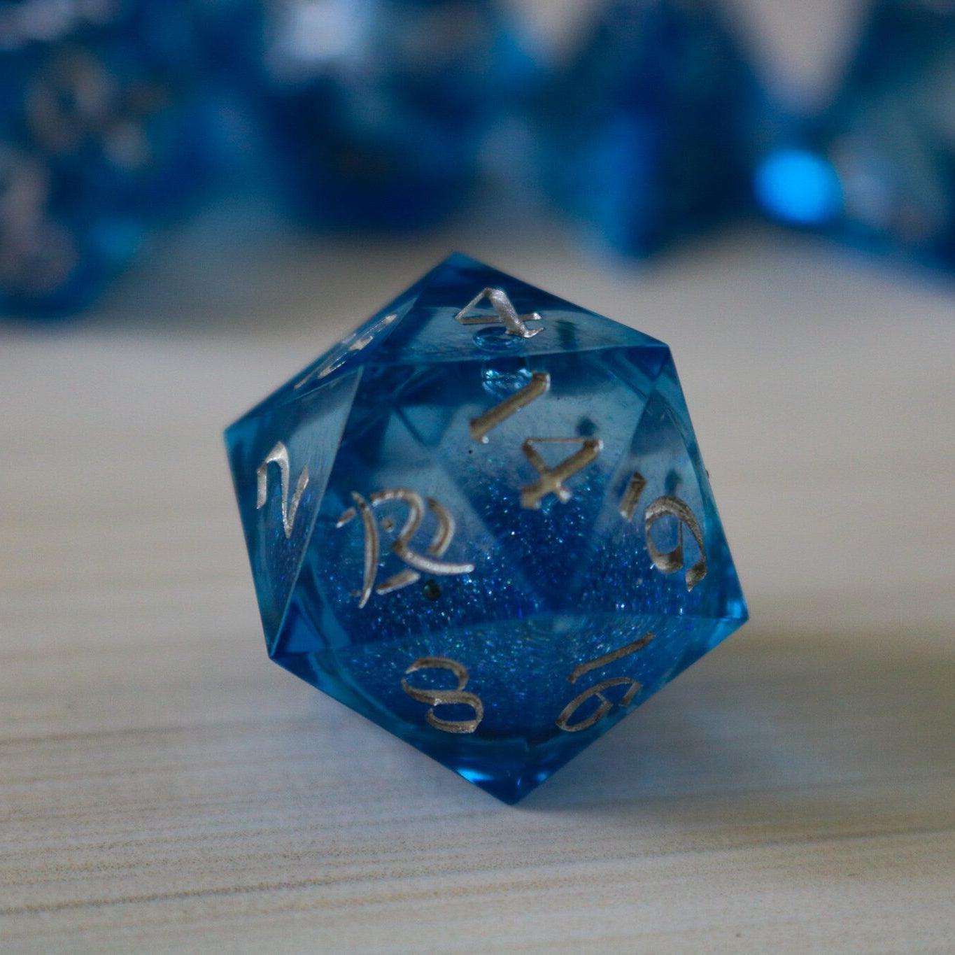 Blue Glitter Liquid Core Sharp Edge Handmade Resin DND Dice Set - The misfit market