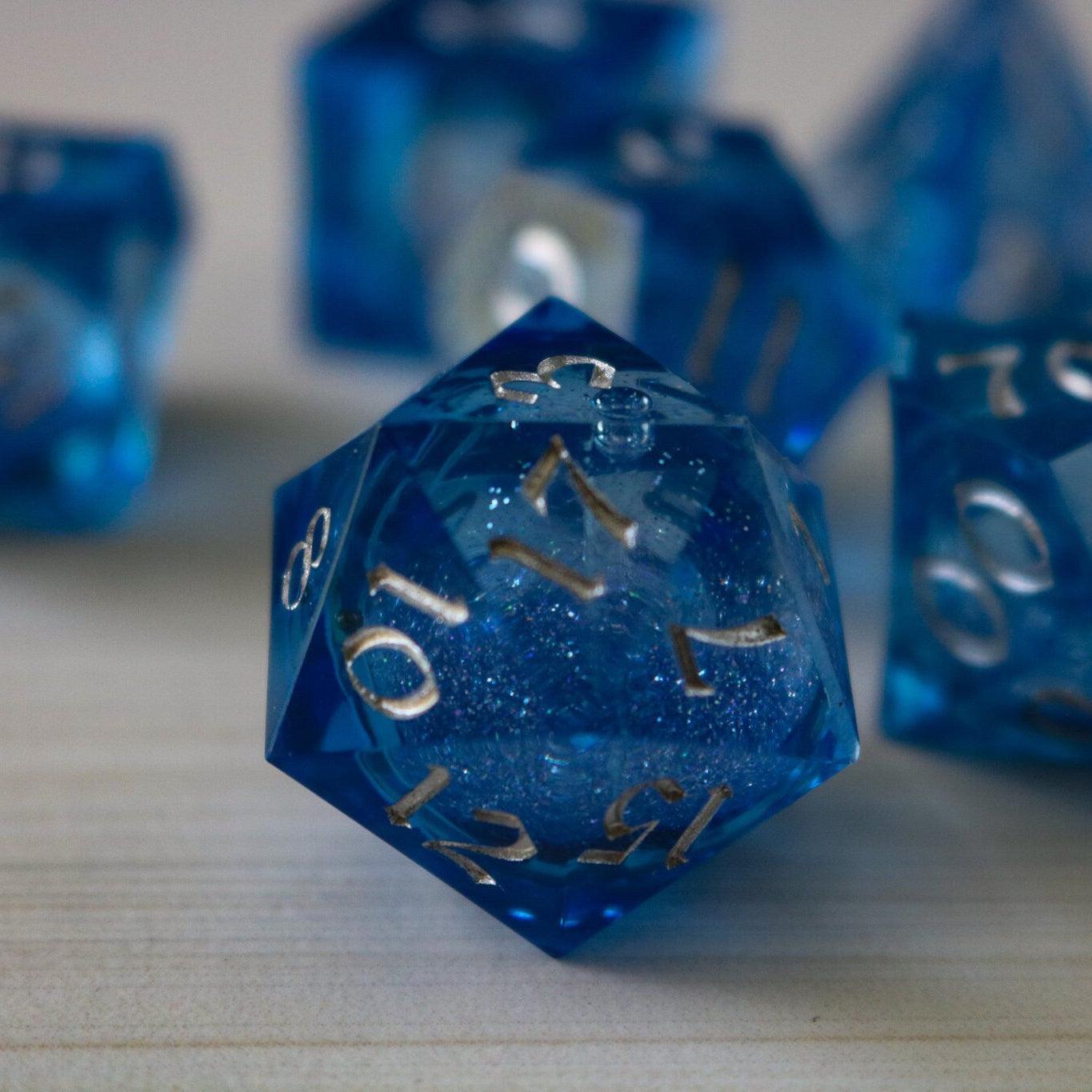 Blue Glitter Liquid Core Sharp Edge Handmade Resin DND Dice Set - The misfit market