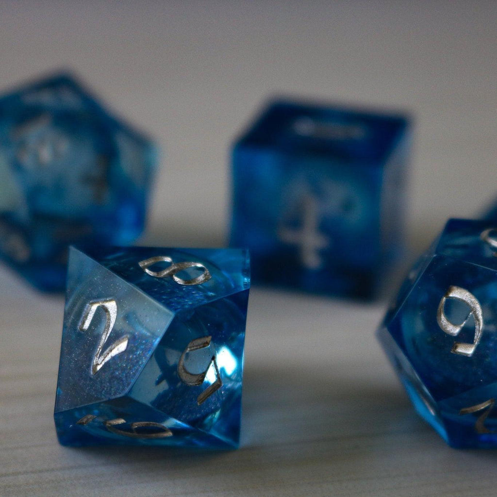 Blue Glitter Liquid Core Sharp Edge Handmade Resin DND Dice Set - The misfit market