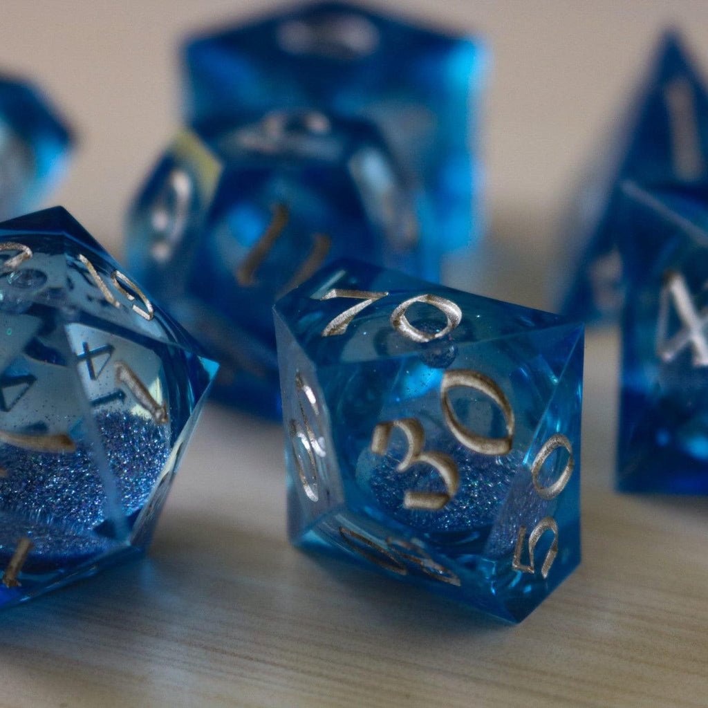 Blue Glitter Liquid Core Sharp Edge Handmade Resin DND Dice Set - The misfit market