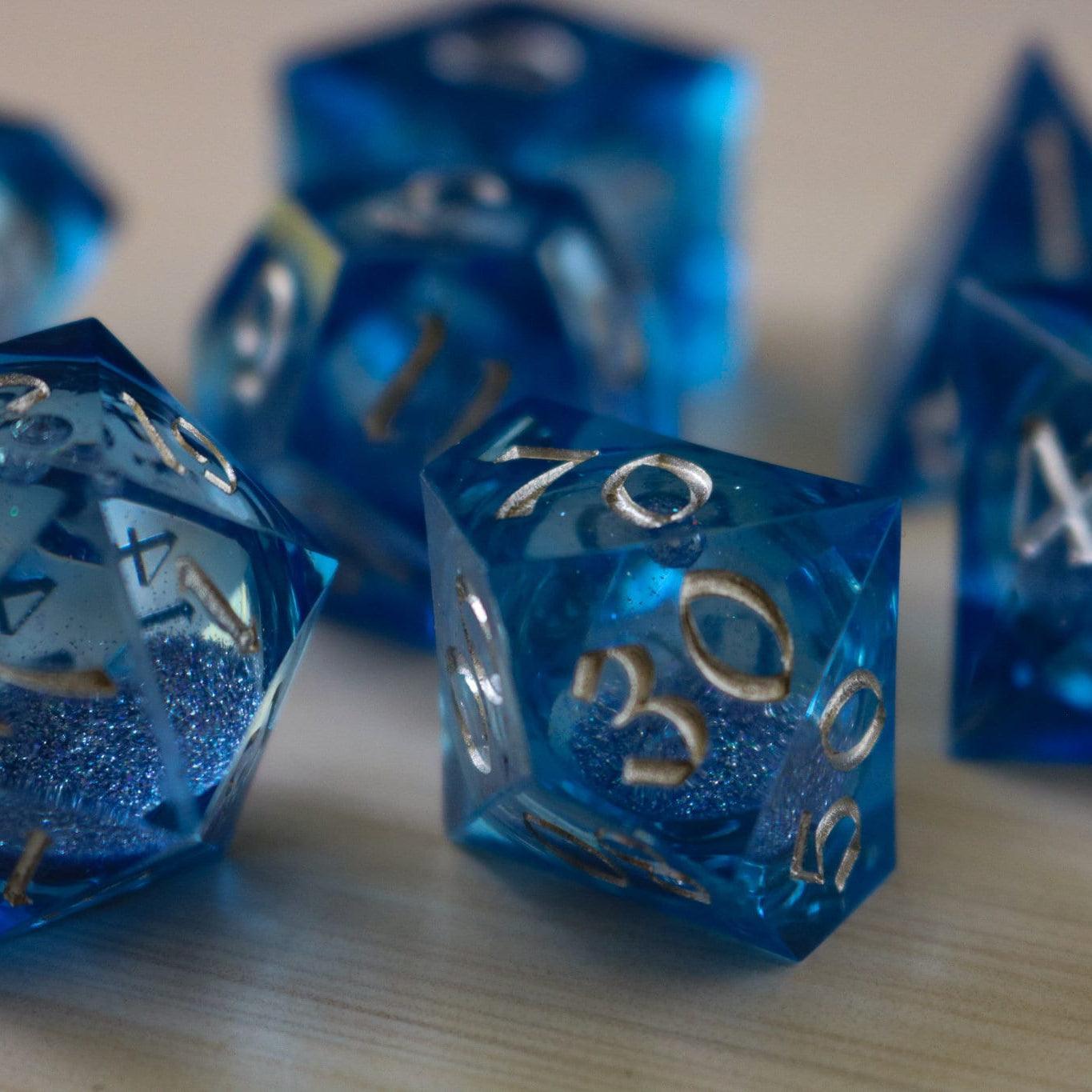 Blue Glitter Liquid Core Sharp Edge Handmade Resin DND Dice Set - The misfit market