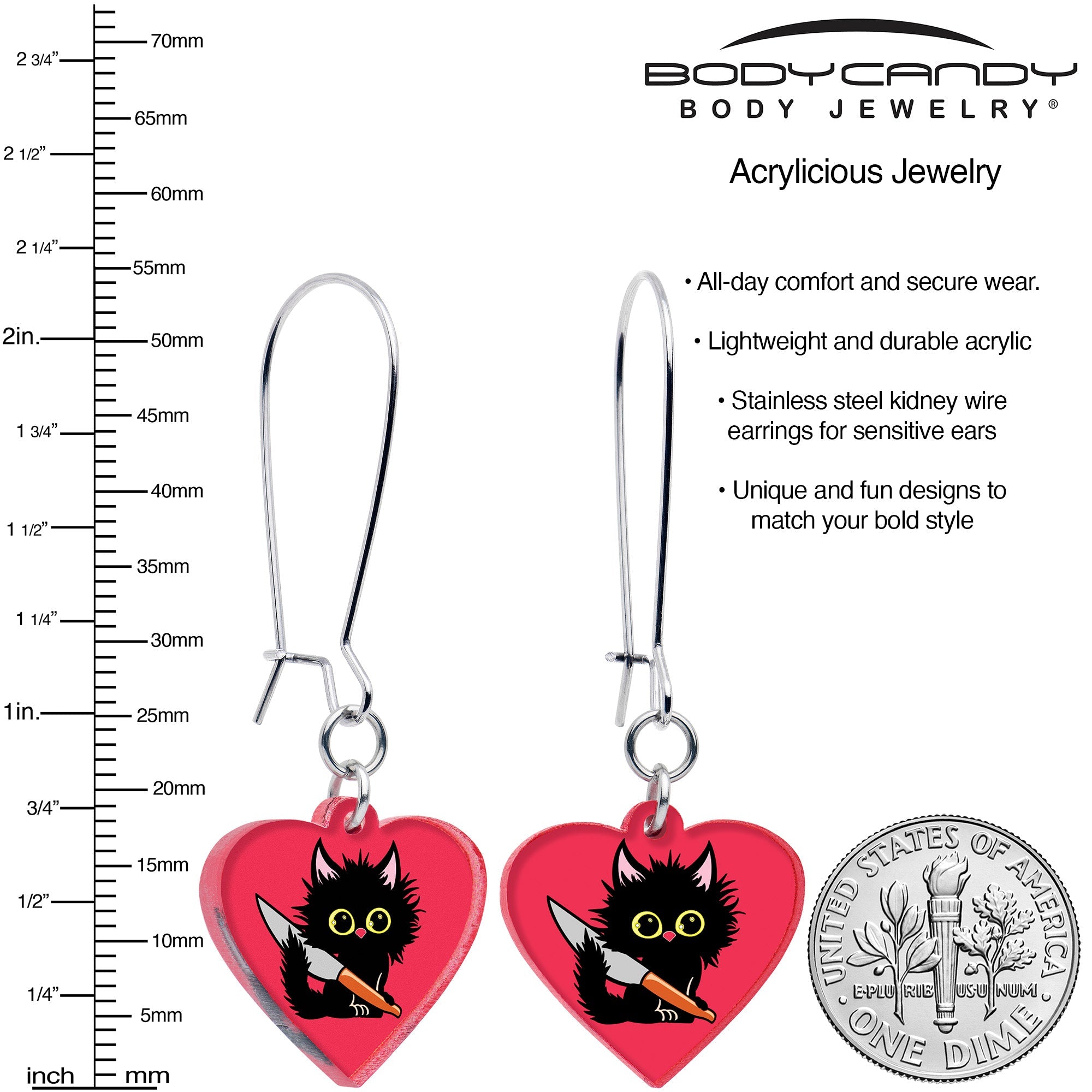 Heart Staby Cat Dangle Earrings by Onyx O - The misfit market