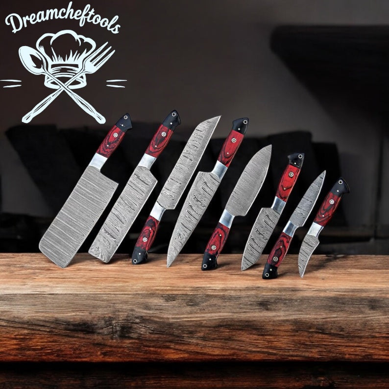 Kitchen Knives Sets – 13” Handmade Damascus Steel Chef Knife with Pakkawood Handle, Steel Bolster & Leather Sheath - The misfit market