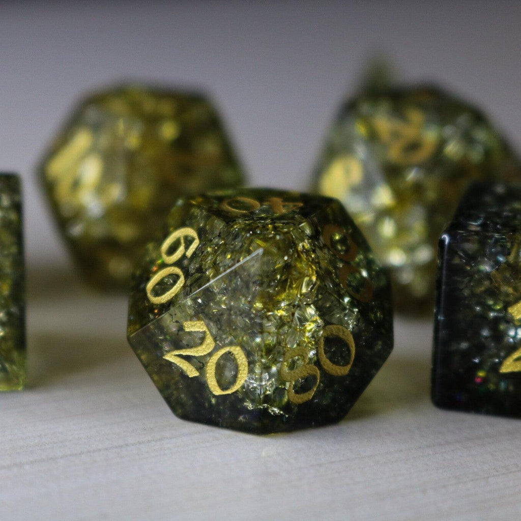 Dark Sun (Green And Yellow) Forge Fire Glass DND Dice Set - The misfit market