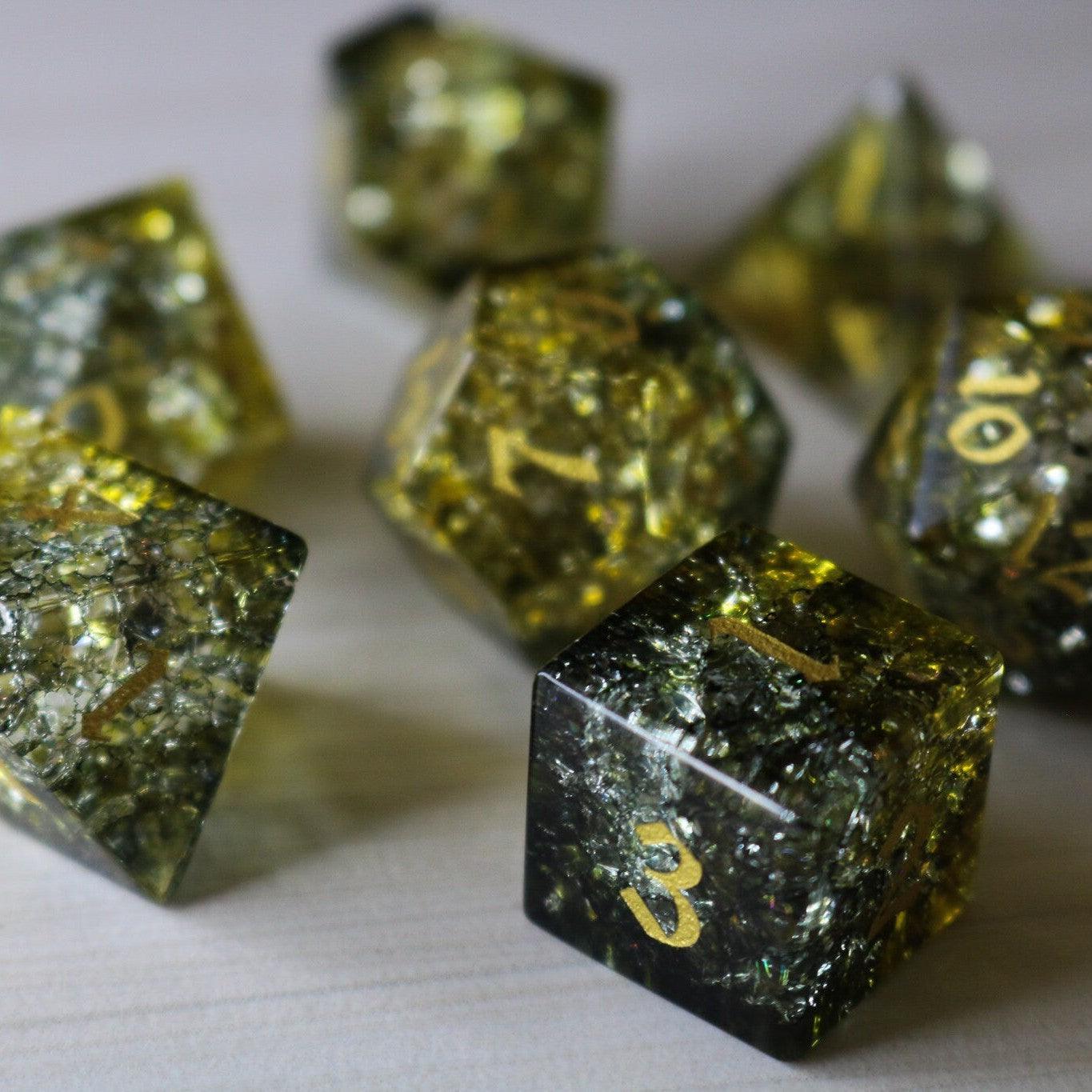Dark Sun (Green And Yellow) Forge Fire Glass DND Dice Set - The misfit market