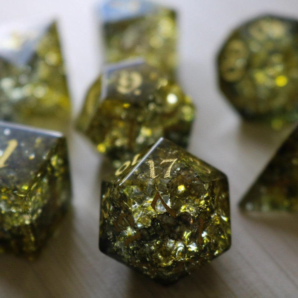 Dark Sun (Green And Yellow) Forge Fire Glass DND Dice Set - The misfit market