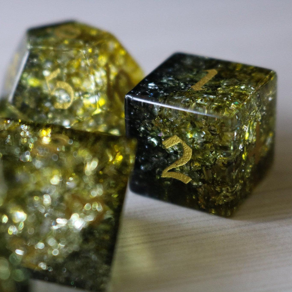 Dark Sun (Green And Yellow) Forge Fire Glass DND Dice Set - The misfit market