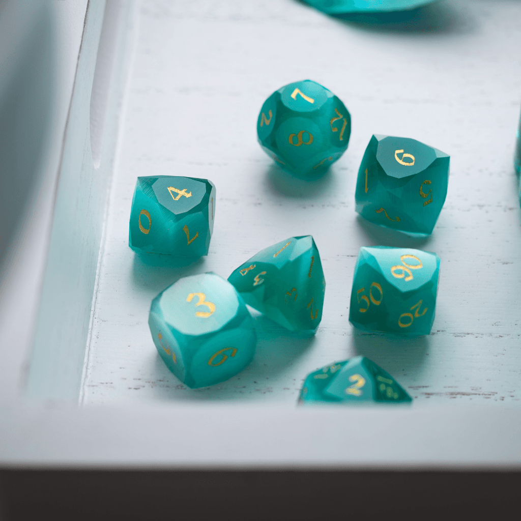 Dwarf Cut Aquamarine Cat’s Eye Gemstone Premium DND Dice Set - The misfit market