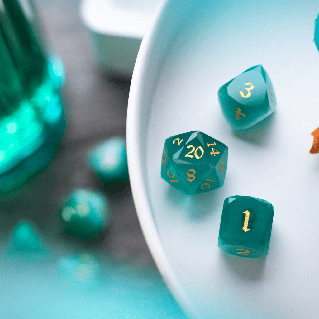 Dwarf Cut Aquamarine Cat’s Eye Gemstone Premium DND Dice Set - The misfit market