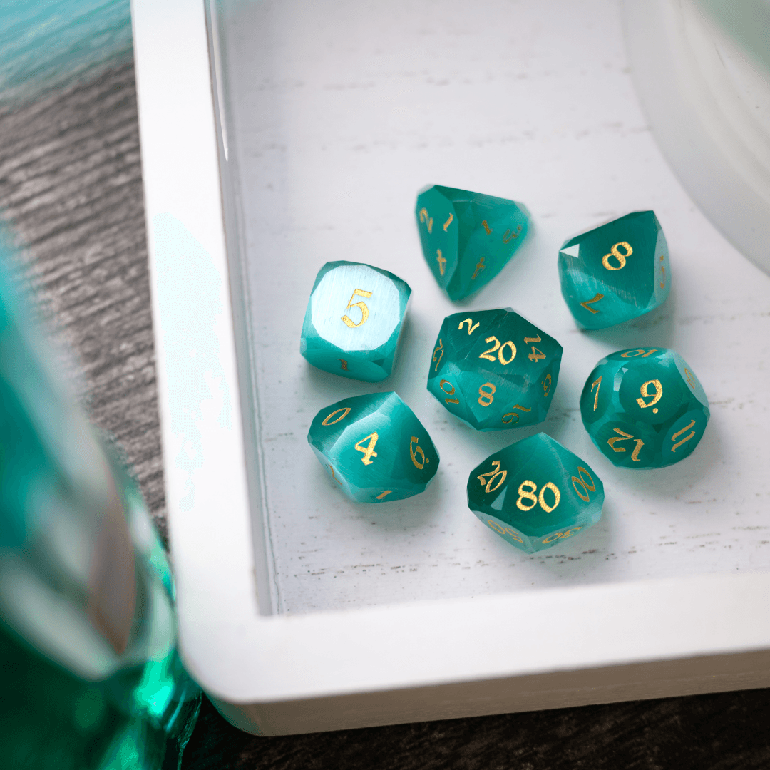Dwarf Cut Aquamarine Cat’s Eye Gemstone Premium DND Dice Set - The misfit market