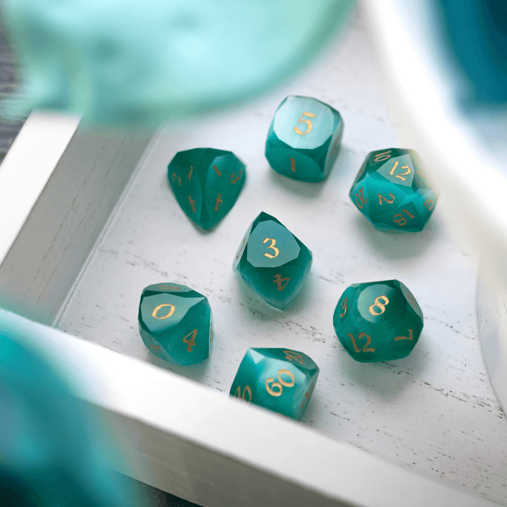 Dwarf Cut Aquamarine Cat’s Eye Gemstone Premium DND Dice Set - The misfit market
