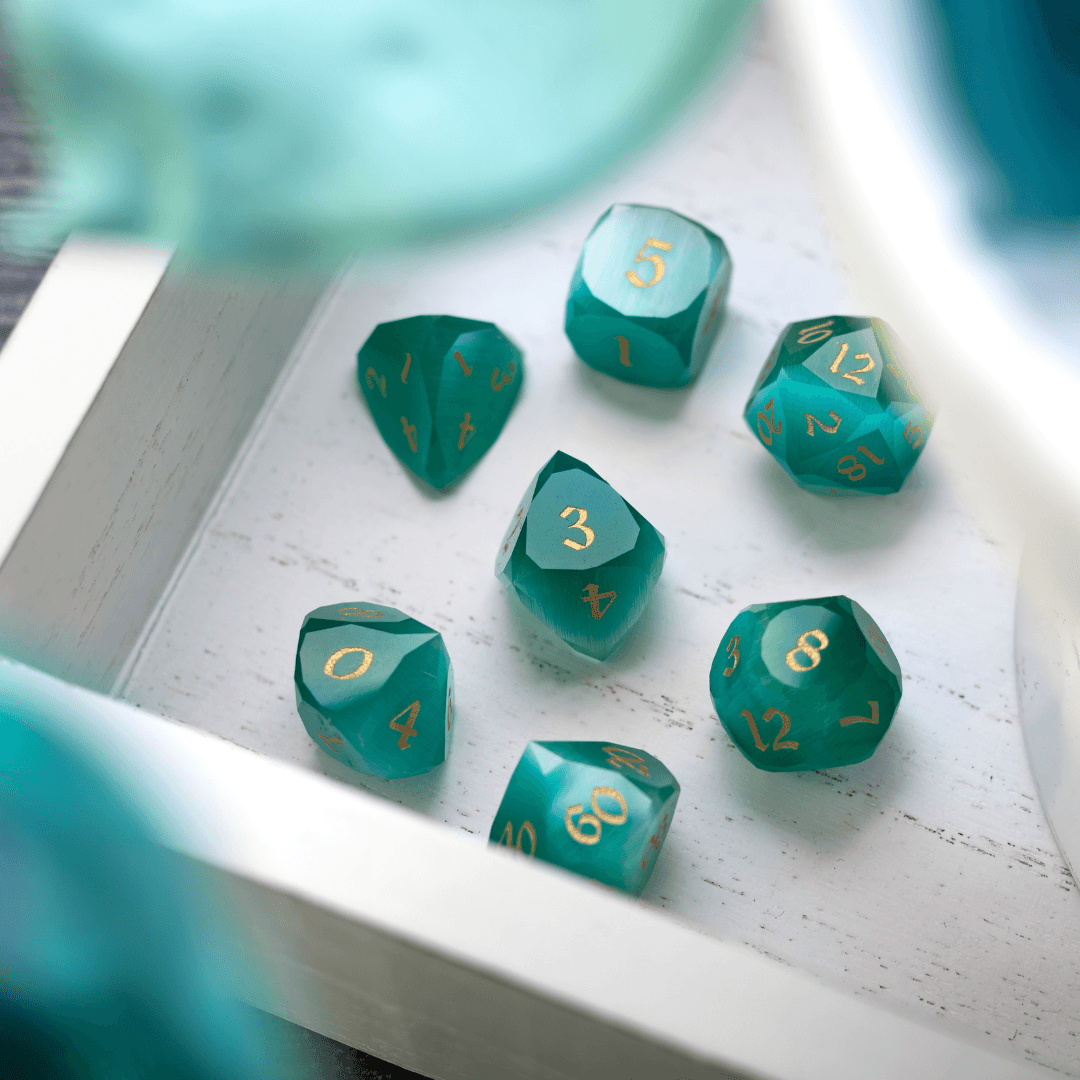 Dwarf Cut Aquamarine Cat’s Eye Gemstone Premium DND Dice Set - The misfit market