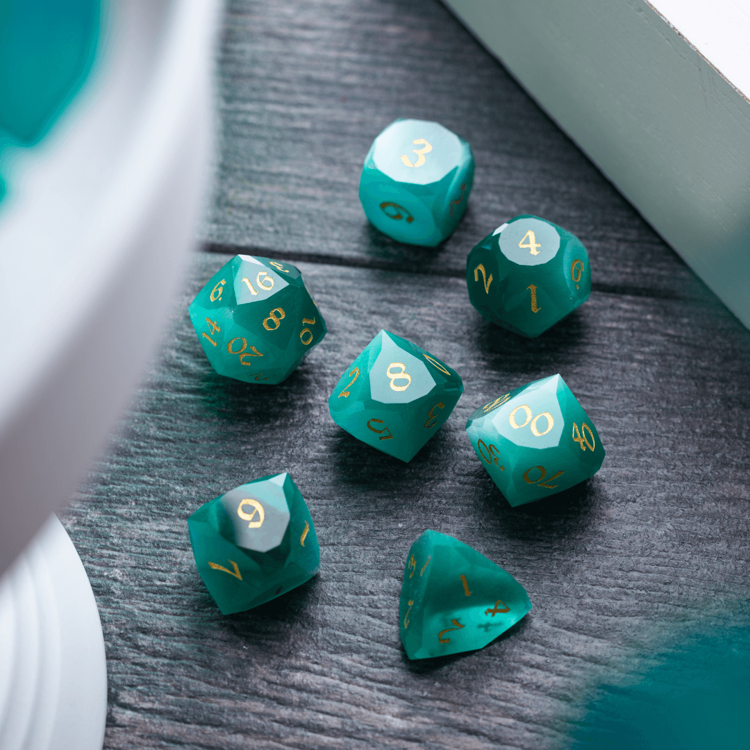 Dwarf Cut Aquamarine Cat’s Eye Gemstone Premium DND Dice Set - The misfit market