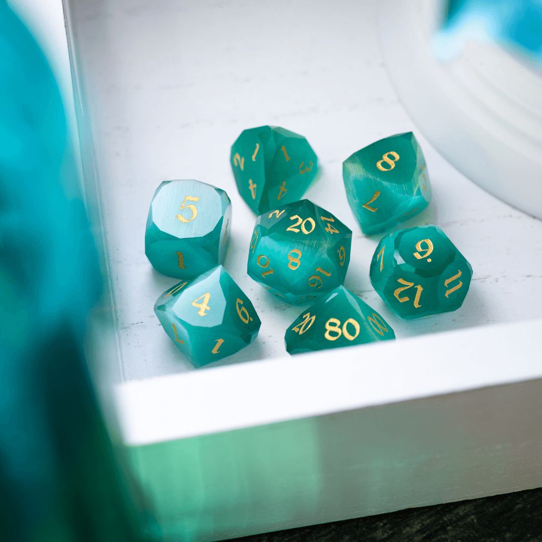 Dwarf Cut Aquamarine Cat’s Eye Gemstone Premium DND Dice Set - The misfit market