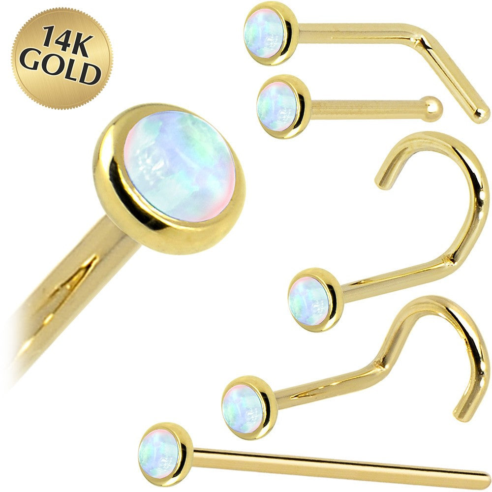 Gold nose rings with opal stones on a white background, featuring '14K Gold' label.
