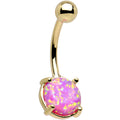 Gold belly button ring with a pink and yellow opal stone on a white background