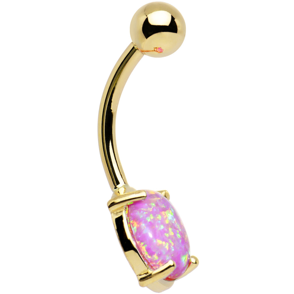 Gold belly button ring with a pink opal stone on a white background